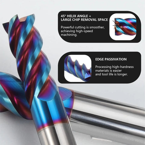 Close-up of Three-Piece 5/16 Inch Tungsten Carbide End Mill Set Nano Coated With 4 Flute Micro-Grain CNC Milling Bits.