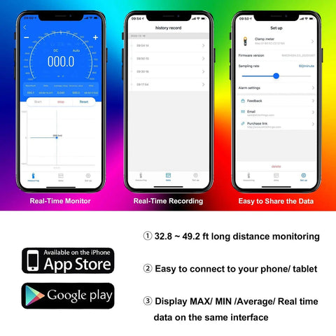 App interface for Smart TRMS 6000 Counts Clamp Meter With App Hookup For Android And iOS Digital Clamp On Ammeter displayed on phones.