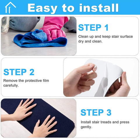 Installation steps for No Slip Carpet Stair Treads: clean surface, remove film, press tread. Navy safety rug mats for wooden steps.
