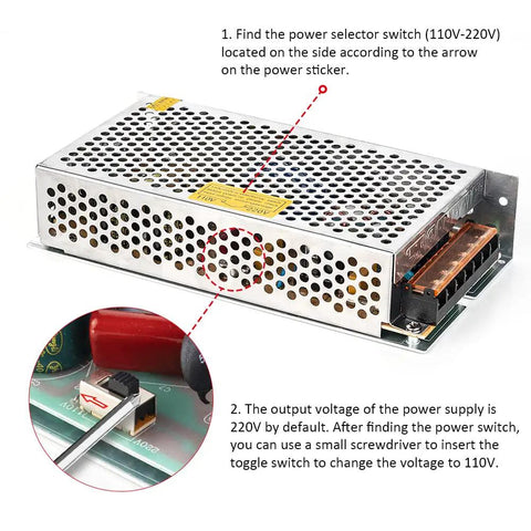 AC 100 to 240V to DC 12V 16.5A 198W Switching Power Supply Converter, adjustable voltage switch shown
