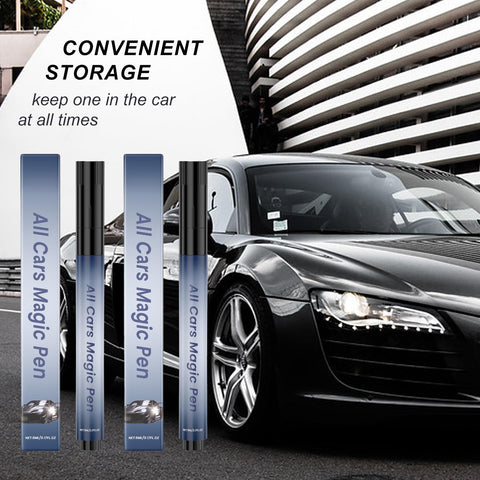 Scratch Removal Pen 2 Pack displayed with sleek black car, highlighting convenient storage for quick fix for scratches and paint damage.