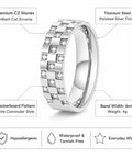 Mens Titanium Steel Ring Silver Plated With Grid Cubic Zirconia Inlay Size 11, polished silver finish, checkerboard pattern band.
