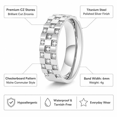 Mens Titanium Steel Ring Silver Plated With Grid Cubic Zirconia Inlay Size 11, polished silver finish, checkerboard pattern band.