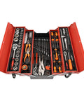 Open toolbox displaying Multifunction Ratchet Socket Tool Kit With 85 Piece Folding Wrench Set For Car And Motorcycle Repair.