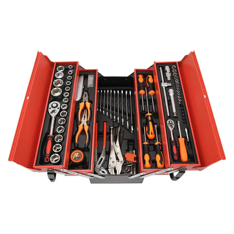 Open toolbox displaying Multifunction Ratchet Socket Tool Kit With 85 Piece Folding Wrench Set For Car And Motorcycle Repair.
