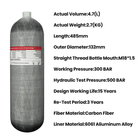Side view of Carbon Fiber Air Tank 4.7L 4500 PSI with PCP filling regulator valve, M18x1.5-6H thread, CE EN approved.
