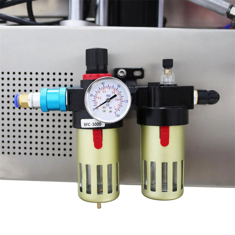 No Sweat Automatic Desktop Conveyor Labeler Supports 110V Power And Cracks Out Up To Sixty Labels Per Minute For Round Or Hex Bottles With Precision Fiber Optic Sensors air regulator with gauge and filters.