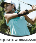 Golfer wearing Must Have Golf Swing Trainer Arm Band For Correct Swing Technique outdoors, showing arm position.