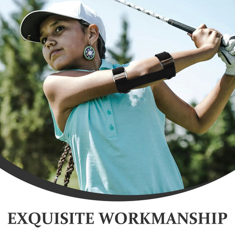 Golfer wearing Must Have Golf Swing Trainer Arm Band For Correct Swing Technique outdoors, showing arm position.