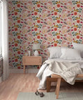 Wildflowers Floral Wallpaper Featuring Hella Smooth Matte Linen Texture And Truly PVC Free Composition Professional Grade Type II Paste Ready Wallcovering Super Durable Accent Decor For Modern Homes in bedroom setting.