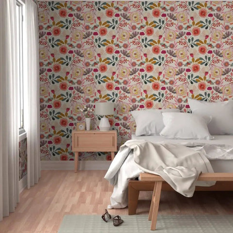Wildflowers Floral Wallpaper Featuring Hella Smooth Matte Linen Texture And Truly PVC Free Composition Professional Grade Type II Paste Ready Wallcovering Super Durable Accent Decor For Modern Homes in bedroom setting.