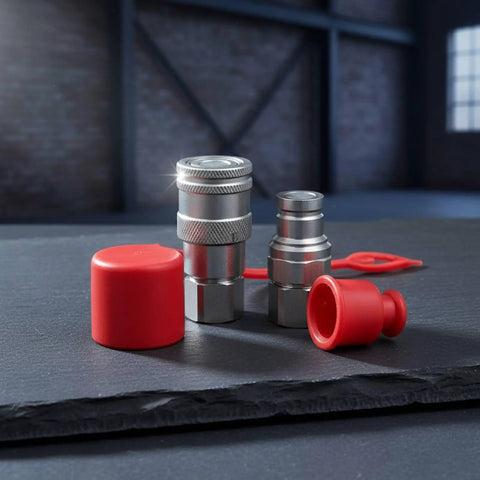 Heavy Duty Hydraulic Quick Connect Coupler Set With Fittings For Construction Gear Ensures Leak Resistant Connection Made From High Strength Steel To Handle Rough Ops Gives Solid Reliability For Your Excavator Loader Hydraulics Where Top Crews Go Hard, red caps