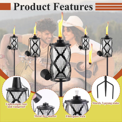 Six Pack Glass Citronella Torches For Outdoor Use 16 Oz Fuel 55 Inch Clear Glass Torches With 3 Prong Grounded Stakes For Garden Patio Lawn Party And Landscape Decor