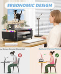 Ergonomic Monitor Riser With Drawer And Two Pen Holders, Printer And Laptop Stand on desk, promoting improved posture for home office.