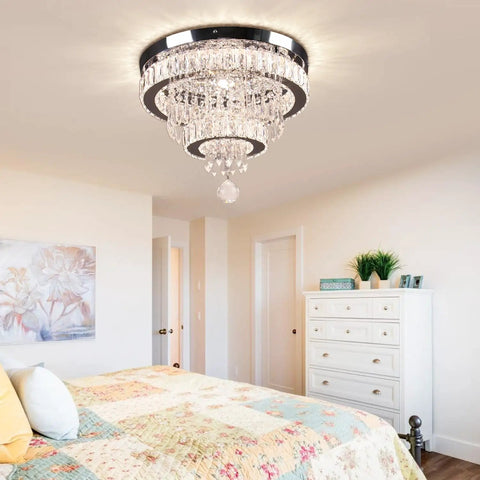 Dimmable 15.7 Inch Crystal Ceiling Light With Remote, Two Ring LED Flush Mount Chandelier, Built In LED in bedroom setting