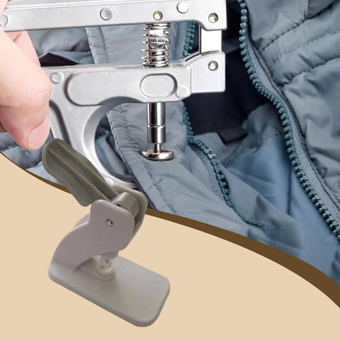 No Sweat Snap Button Press Tool Kit With Four Interchangeable Dies For 9Mm 11.5Mm 12Mm And 13Mm Fasteners showing installation on a jacket.