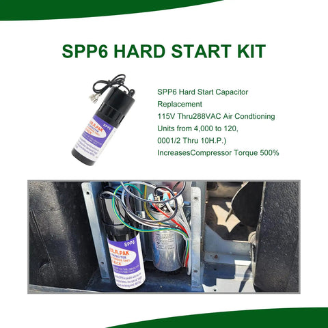 Two Pack Hard Start Capacitor Replacement 115V To 288VAC For Air Conditioners From 4000 To 120000 BTU Boosts Starting Torque By Five Hundred Percent And Helps Extend Compressor Life Fits Half Horsepower To Ten Horsepower Systems shown in kit packaging and installed in unit.