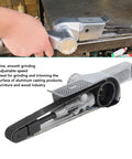 Compact Mini Air Belt Sander With Variable Speed Pneumatic Angled Grip Includes Two Sanding Belts in use for smooth grinding.