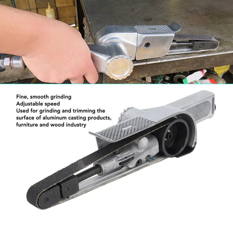 Compact Mini Air Belt Sander With Variable Speed Pneumatic Angled Grip Includes Two Sanding Belts in use for smooth grinding.