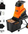 Heavy Duty 15 Amp Electric Wood Chipper Shredder With 50 Liter Bag 1.8 Inch Cutting Diameter 25 To 1 Reduction Portable Wheels For Easy Yard Cleanup Of Branches And Debris Durable Orange Finish including toolkit and protective gear