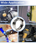 55 Pcs Single Ear Hose Clamps 10.8mm To 13.3mm 304 Stainless Steel Crimp Clamps Ear Clamp Pinch Clamp Stepless Hose Clamp for automotive, home appliances, plumbing, and marine applications, shown in various uses like car repair and gas line.