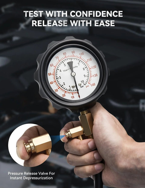AUTOWN fuel pressure tester kit with gauge and brass adapters, 0-140 psi, for cars, trucks and ATVs