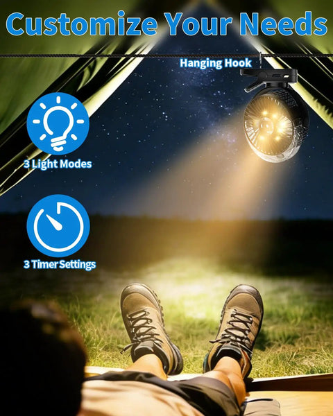 Person relaxing in a tent with Magnetic Golf Cart Clip On Mist Fan With Light On The Go, 3 light modes visible.