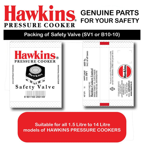 Front and back views of Hawkins Aluminium Safety Valve BP SV packaging for 1.5–14 L Hawkins pressure cookers.