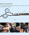 Pro Grade Hair Cutting Scissors And Thinning Shears Kit showing 6.5 inch Japanese stainless steel blades with measurement details.