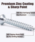 Top Shelf Carbon Steel Wood Screws Assortment Kit With Zinc Plated Finish showing a sharp point screw with rust resistance features.