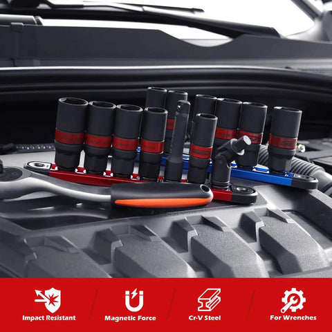 Eight Piece Three Eighths Inch Drive Spark Plug Socket Set With Magnetic Rail SAE And Metric Sizes on car engine