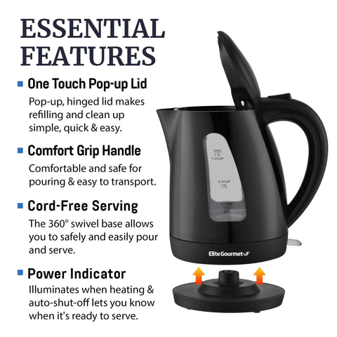 Fast Boil 1.7L Electric Tea Kettle With 1500W Power BPA Free Auto Shut Off Water Level Window Big Capacity Boiler For Quick Hot Water No Fuss Pour Black with pop-up lid and 360° swivel base.