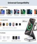 3 In 1 Magnetic Wireless Charger Station Foldable With Light For Apple Magnetic Charger Travel Stand Nightstand Dock Fast 15W Wireless Charging Includes 20W Power Adapter with universal compatibility display for iPhone, Apple Watch, and AirPods.