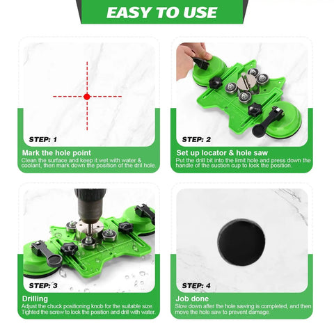 Hilitand Versatile 16 Piece Hole Saw Kit For Drilling Wet Or Dry Holes In Ceramic Tile Glass Marble Granite With Double Suction Cup Guide For Precise Work, green suction guide drilling steps