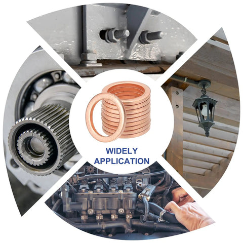 M12 Flat Washers Copper Drain Plug Gaskets Oil Crush Ring 25 Pack displayed with automotive gears and applications.