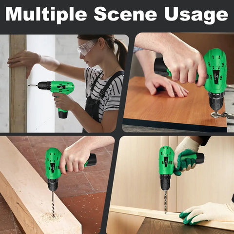 Four scenes of Cordless 20V Power Drill With 3 Batteries And Charger used in various DIY projects.