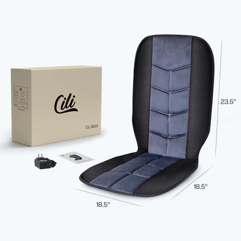 Back Massager Chair Pad With Heat, 10 Vibrating Motors for Office Chair and Home Use, shown with packaging and dimensions