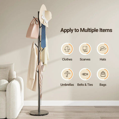 Freestanding Coat Rack With Natural Marble Base And 10 Hooks, 3 Height Adjustable Coat Tree For Bags, Clothes, And Hats
