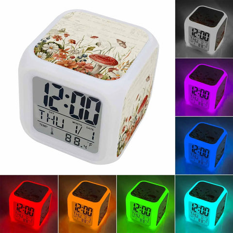 Legit Silent Mushroom Print Cube Led Clock With Major Vintage Vibes shows time, date, temp with multiple light options.
