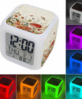 Solid Digital Cube Alarm Clock With Seven Color Night Light And Rustic Mushroom Leaf Design, Smooth Touch Silicone Controls, No Stress Snooze Pause, Crisp Time Date Temp Display in multiple colors.