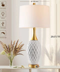 Ceramic Table Lamp With USB Port And Touch Control, 3 Way Dimmable Bedside Lamp, Wave Geometric Design, White Shade And Gold Base, 29.5 Inches Tall