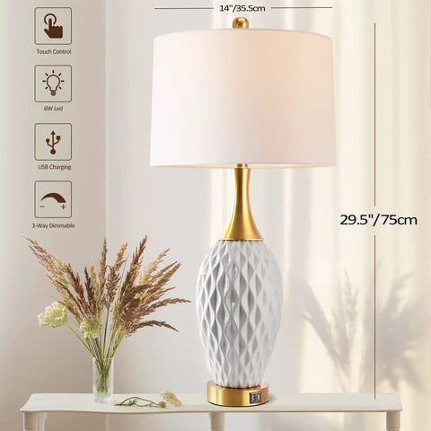 Ceramic Table Lamp With USB Port And Touch Control, 3 Way Dimmable Bedside Lamp, Wave Geometric Design, White Shade And Gold Base, 29.5 Inches Tall