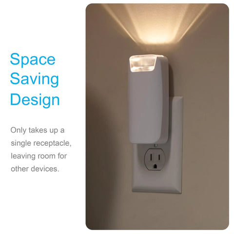 4-In-1 Power Outage Plug In Night Light And LED Flashlight plugged into wall socket with light glowing, compact white design