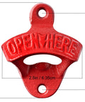 Red Cast Iron Wall Mounted Bottle Cap Opener Set With Open Here Embossed Deck Bar Accessory For Beer And Soda No Sweat Single Hand Pop Party Essential Solid Build Heavy Duty Design, 3x2.5 inches