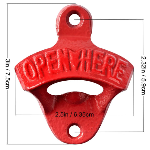 Red Cast Iron Wall Mounted Bottle Cap Opener Set With Open Here Embossed Deck Bar Accessory For Beer And Soda No Sweat Single Hand Pop Party Essential Solid Build Heavy Duty Design, 3x2.5 inches