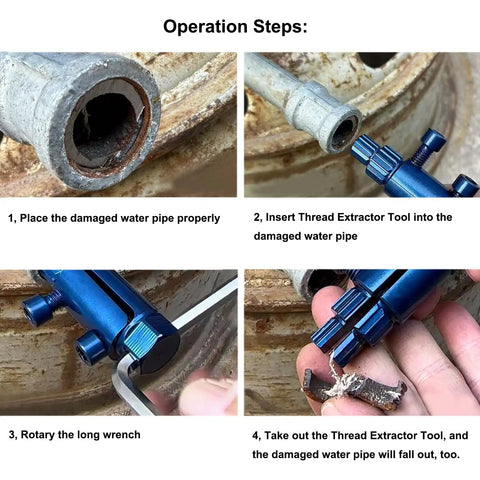 Operation steps for using DIY Ready Broken Pipe And Valve Thread Extractor Kit For One Quarter, Three Eighths, And One Inch Pipes.