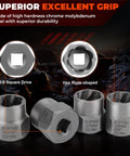 Bolt Extractor Kit 14 Piece Impact Grade CRMO Steel Nut Remover Set With Three Eighths Inch Drive Socket For Removing Frozen Rusted Rounded Bolts And Lug Nuts Sizes Eight To Nineteen Millimeters In Automotive And Machinery Repair displayed with hex plum-shaped and 3/8 square drive details.