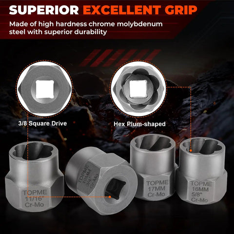 Bolt Extractor Kit 14 Piece Impact Grade CRMO Steel Nut Remover Set With Three Eighths Inch Drive Socket For Removing Frozen Rusted Rounded Bolts And Lug Nuts Sizes Eight To Nineteen Millimeters In Automotive And Machinery Repair displayed with hex plum-shaped and 3/8 square drive details.