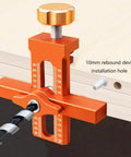 All Purpose Aluminum Cabinet Door Mounting Jig With Adjustable Positioner in bright orange mounted on wood edge