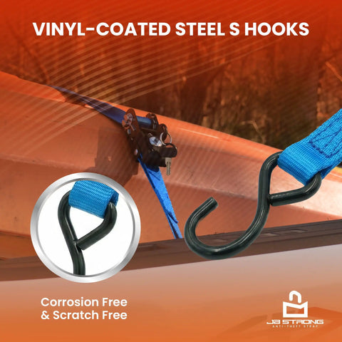 Lock It Down Pat With These Tangle Free Anti Theft Ratchet Straps 2 Pack featuring vinyl-coated steel S hooks for corrosion resistance.